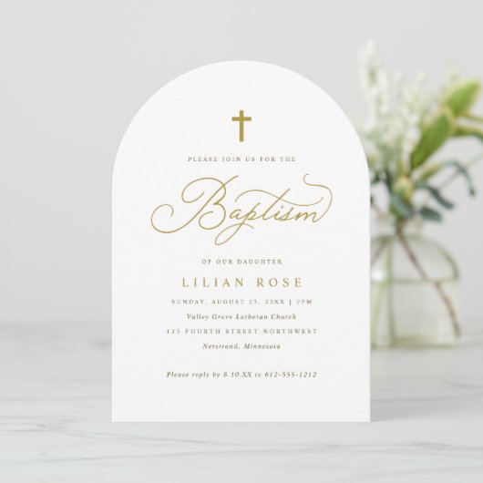 Invitation Elegant Gold Cross Script Calligraphy Baptism (Debout devant)