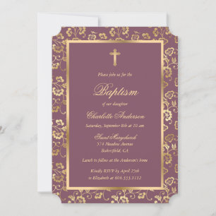 Invitation Élégant Gold Cross Script Floral Baptism
