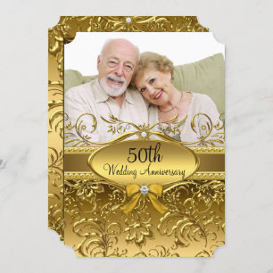 Invitation Elégant Gold Damask Photo 50th Anniversary