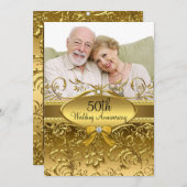Invitation Elégant Gold Damask Photo 50th Anniversary (Devant / Derrière)