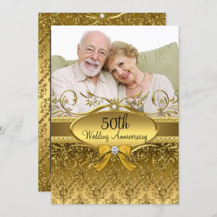 Invitation Elégant Gold Damask Photo 50th Anniversary Invitat