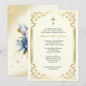 Invitation Elégant Gold Dove Bleu Roses Baptême (Devant / Derrière)