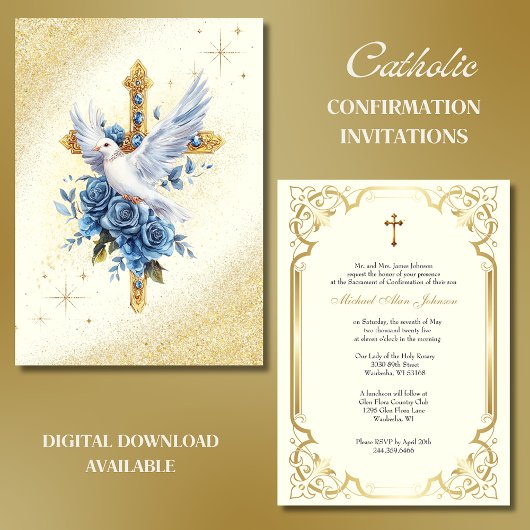 Invitation Elégant Gold Dove Bleu Roses Baptême