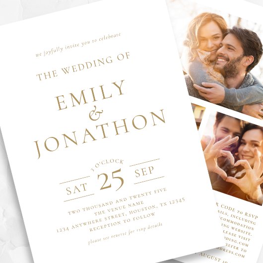 Invitation Elegant Gold Ecriture 3 Photos QR Code Mariage