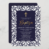 Invitation Élégant Gold Et Baptême Garçon Bleu Marine (Devant / Derrière)