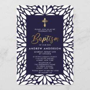 Invitation Élégant Gold Et Baptême Garçon Bleu Marine