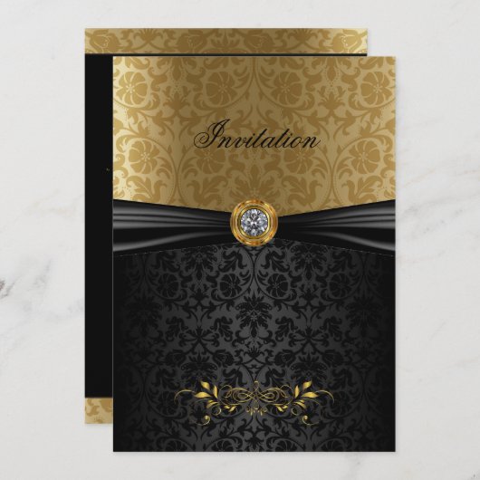 Invitation Elegant Gold et Black Damask (Devant / Derrière)