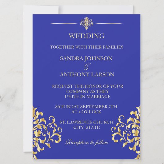 Invitation Elegant Gold et Blue Mariage damassé (Devant)