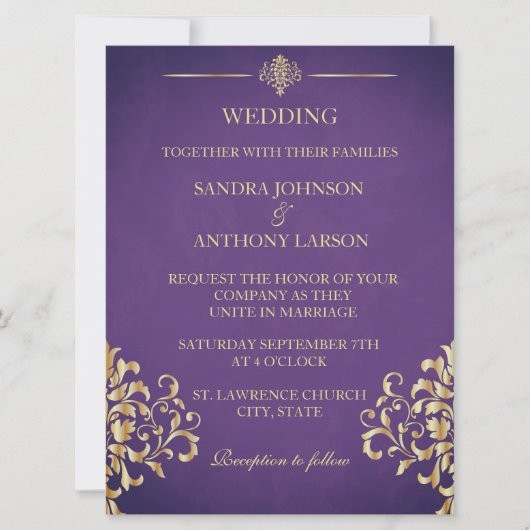 Invitation Elegant Gold et Purple Mariage damassé (Devant)