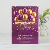 Invitation Élégant Gold et Violet Ballons Parti de retraite (Debout devant)