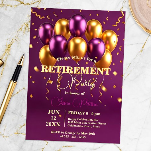 Invitation Élégant Gold et Violet Ballons Parti de retraite