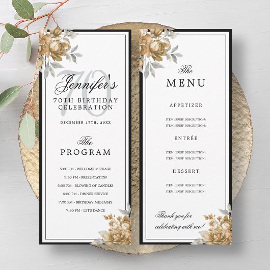 Invitation Elegant Gold Floral 70th Birthday Program Menu 