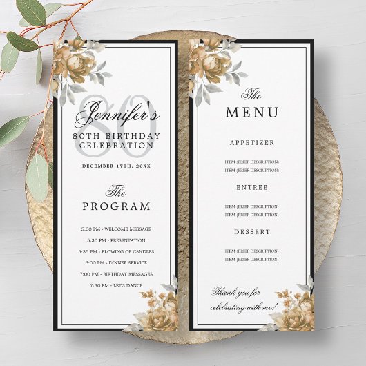 Invitation Elegant Gold Floral 80th Birthday Program Menu 