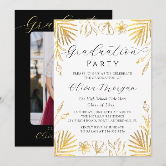 Invitation Elégant Gold Floral Script Graduation Party Photo (Devant / Derrière)