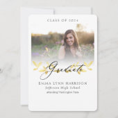 Invitation Élégant Gold Floral Script Photo Graduation (Devant)