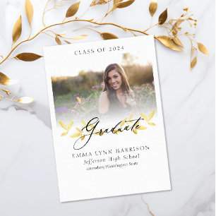 Invitation Élégant Gold Floral Script Photo Graduation