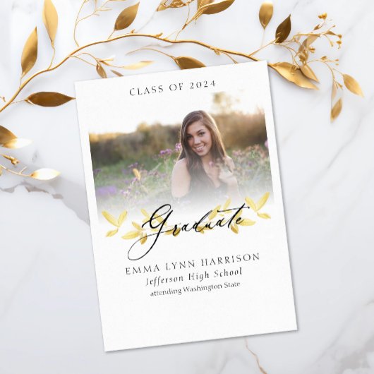 Invitation Élégant Gold Floral Script Photo Graduation