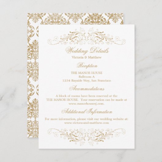 Invitation Elegant Gold Flourish Mariage damassé Détails (Devant / Derrière)