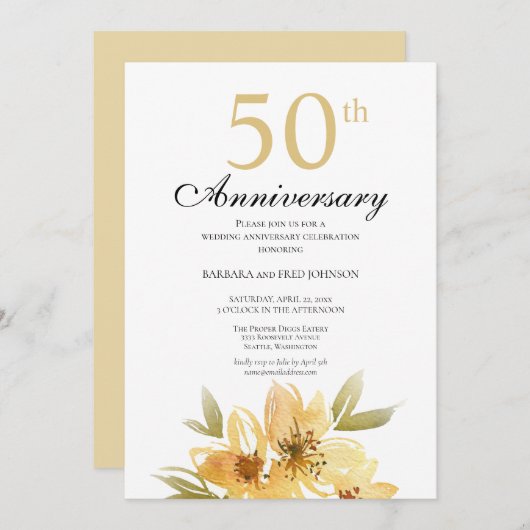 Invitation Elégant Gold Flower 50th Anniversary Party Invitat (Devant / Derrière)