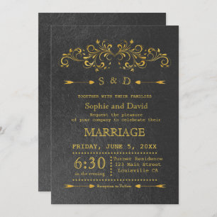 Invitation Elégant Gold Foil Flourish Black Wedding Invitatio