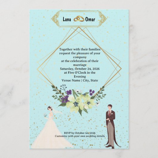 Invitation Elegant Gold Foil Geometric Dusty Blue Wedding  (Devant)