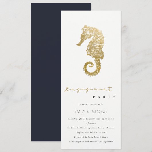 INVITATION ELÉGANT GOLD FOIL NAVY SEAHORSE ENGAGEMENT PARTI (Devant / Derrière)
