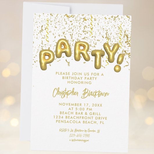 Invitation Élégant Gold Foil Party Balloon Anniversaire Confe