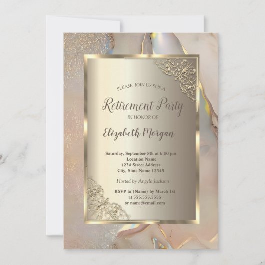 Invitation Elegant Gold Frame,Blush Pink Marble Retirement (Devant)