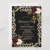 Invitation Elegant Gold Frame Burgundy Roses Black Retirement (Devant)