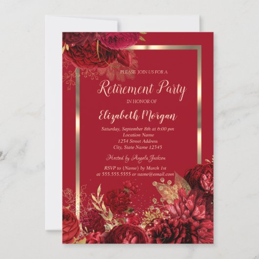 Invitation Elegant Gold Frame Confetti Red Roses Retirement (Devant)