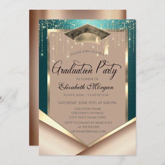 Invitation Elegant Gold Frame Diamonds Green Graduation (Devant / Derrière)