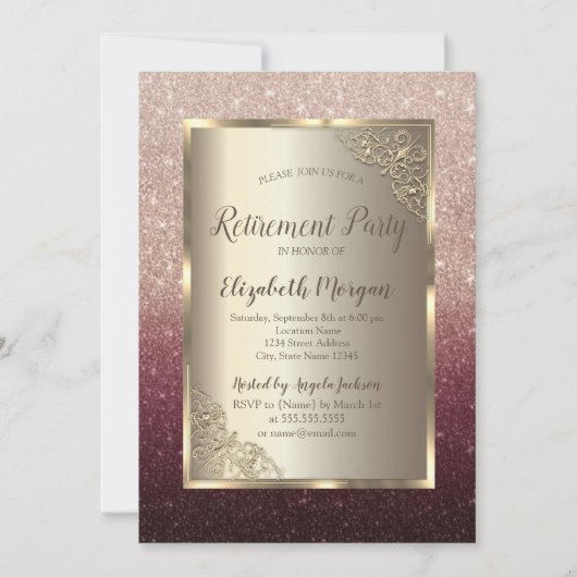 Invitation Elegant Gold Frame Glitter Ombre Retirement (Devant)