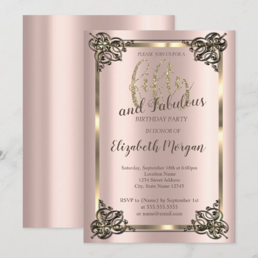 Invitation Elégant Gold Frame, Gold Rose 50e Anniversaire (Devant / Derrière)