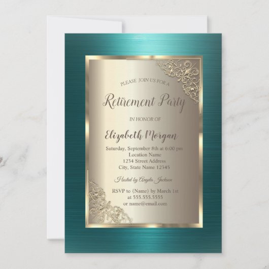 Invitation Elegant Gold Frame Green Metallic Retirement (Devant)