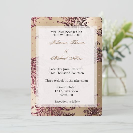 Invitation Elégant Gold Glam Burgundy Hearts Mariage (Debout devant)