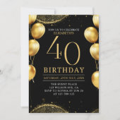 Invitation Elegant Gold Glitter Birthday 40th with Balloons (Devant)