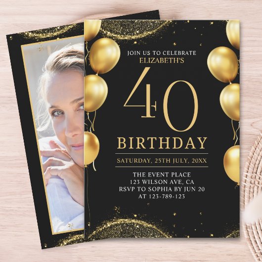 Invitation Elegant Gold Glitter Birthday 40th with Balloons
