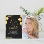 Invitation Elegant Gold Glitter Birthday 40th With Photo (Debout devant)