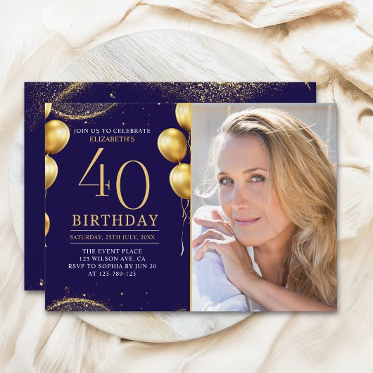 Invitation Elegant Gold Glitter Birthday 40th With Photo