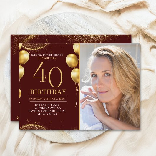 Invitation Elegant Gold Glitter Birthday 40th With Photo