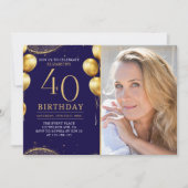 Invitation Elegant Gold Glitter Birthday 40th With Photo (Devant)