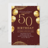 Invitation Elegant Gold Glitter Birthday 50th with Balloons (Devant)