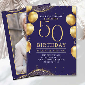 Invitation Elegant Gold Glitter Birthday 50th with Balloons