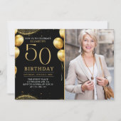Invitation Elegant Gold Glitter Birthday 50th With Photo (Devant)