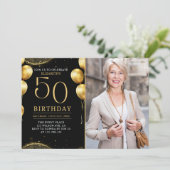 Invitation Elegant Gold Glitter Birthday 50th With Photo (Debout devant)
