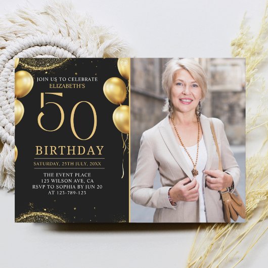 Invitation Elegant Gold Glitter Birthday 50th With Photo