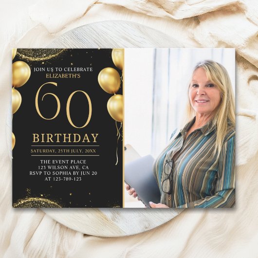 Invitation Elegant Gold Glitter Birthday 60th With Photo
