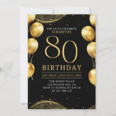 Invitation Elegant Gold Glitter Birthday 80th with Ballons (Devant)