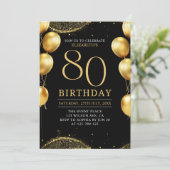 Invitation Elegant Gold Glitter Birthday 80th with Ballons (Debout devant)