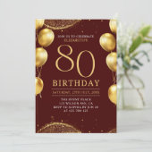 Invitation Elegant Gold Glitter Birthday 80th with Ballons (Debout devant)